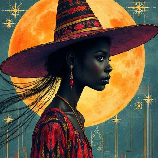 Stylized digital painting of a kind witch. Character is African American. Features sacred geometry in the background. Surreal elements with a focus on fantasy. Influenced by Tim Okamura's art style.