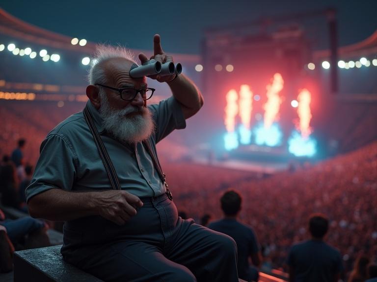 Old man sitting at stadium. Wearing button-up shirt suspenders and high-waisted pants. Holding opera binoculars. Energetic concert crowd in background with lights and pyrotechnics. Calm demeanor contrasted with excitement around. Wide-angle shot.
