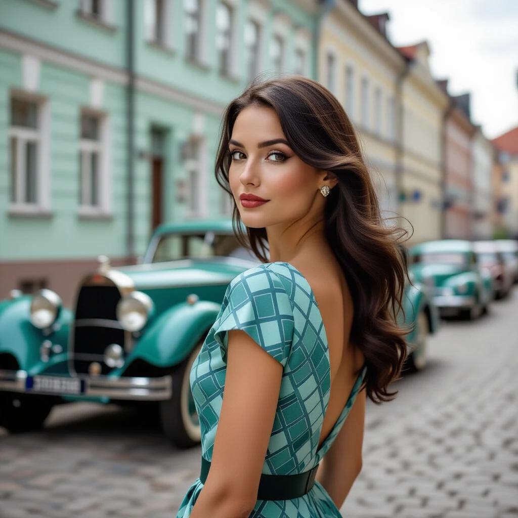 Street portrait of a slim woman in an Art Deco-inspired dress. Woman turns head towards the viewer with a subtle smile. Captured in an urban setting with pastel apartment blocks and vintage cars. Focus on eyes with dreamy bokeh background. Natural soft lighting enhances the scene. Film photography aesthetic from the 1980s. Ultra-realistic details and rich blacks