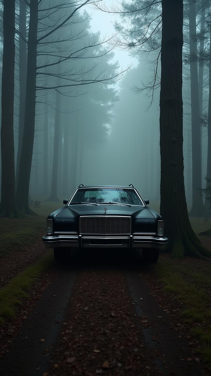 This image features an old, worn-out matte black Ford Gran Torino wagon from 1975, parked in a deep, dark foggy forest. Towering trees loom on either side, shrouded in mist, creating an atmospheric and eerie setting. The sleek lines of the car contrast with the roughness of nature around it. The light filters through the fog, giving a sense of mystery and nostalgia. This scene encapsulates a classic American car surrounded by the quiet of a fog-drenched woodland.