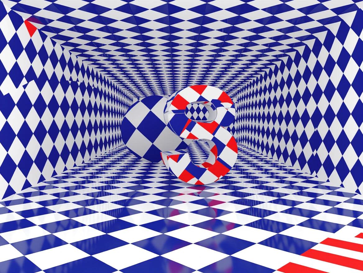 3D illustration of a checkered tunnel with red and blue colors and a prominent number 3 in the center with geometric patterns.