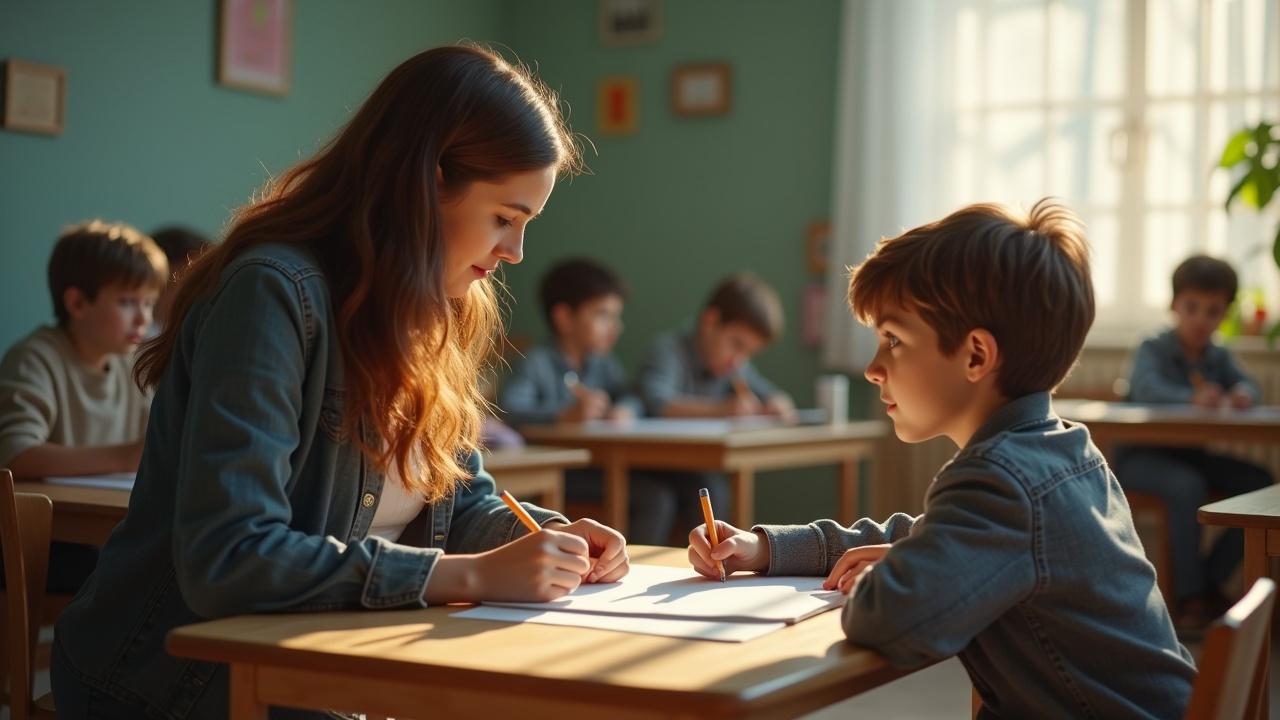 A scene in a classroom with a teacher and a student engaged in learning, sunlight streaming through the window, other students are also working in the background.