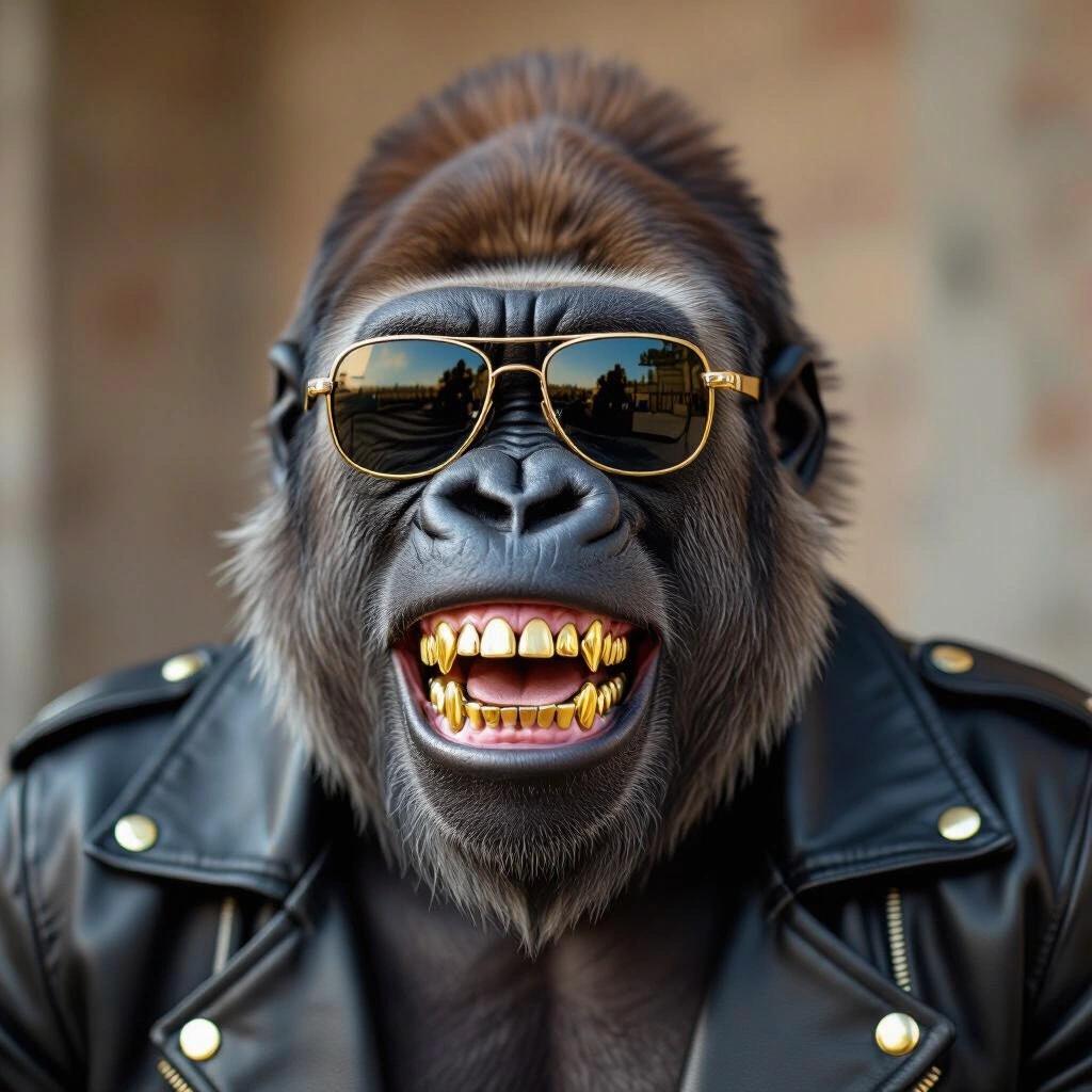A gorilla smiles showing gold teeth. The gorilla has a Tyson face tattoo. The gorilla wears sunglasses and a leather jacket.