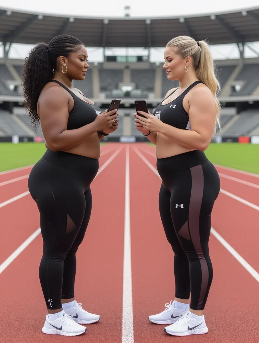 Two curvy women face each other on a running track. One has curly black hair and brown skin; the other has straight blonde hair and fair skin. Both wear black Under Armour activewear and white running shoes. They hold iPhones in their hands. The stadium is empty and it is morning.