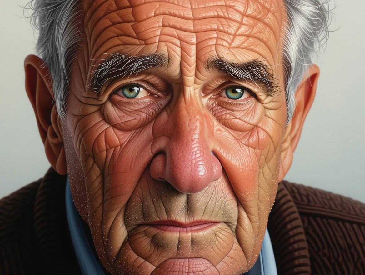 Realistic elderly man with deep wrinkles. Wise expression. Close-up focus on features. Neutral background.
