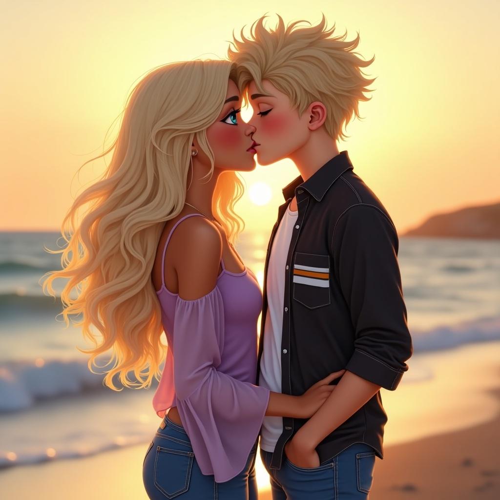 A couple kissing under the sunset. The girl has long wavy blonde hair and blue eyes. She wears a lavender top with transparent sleeves and jeans. The boy has blond hair and light green eyes. He wears a white and black striped shirt and blue jeans. He is taller than the girl. The scene captures a romantic moment by the sea.