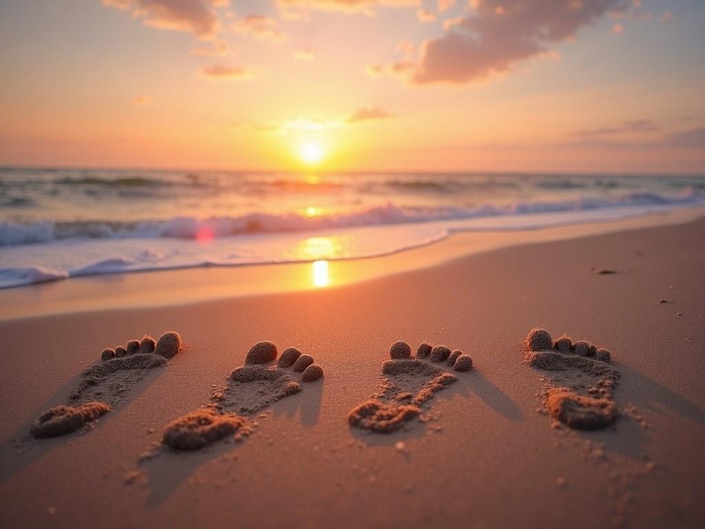 The image captures five kids' footprints in the sand at a serene beach during sunset. The footprints are leading towards the ocean, with gentle waves lapping at the shore. The sky is painted in soft hues of orange, pink, and gold as the sun sets on the horizon. This serene scene evokes feelings of peace and nostalgia, reminiscent of family beach days. The warm glow of the sunset enhances the beauty of the moment, making it perfect for capturing memories by the sea.