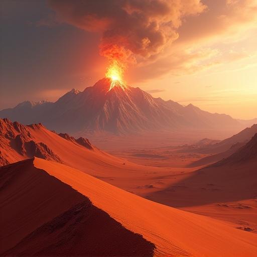Landscape of a desert planet with reddish sand dune. Background shows a mountain range with sharp peaks and an active volcano. Lava spills into the valley.