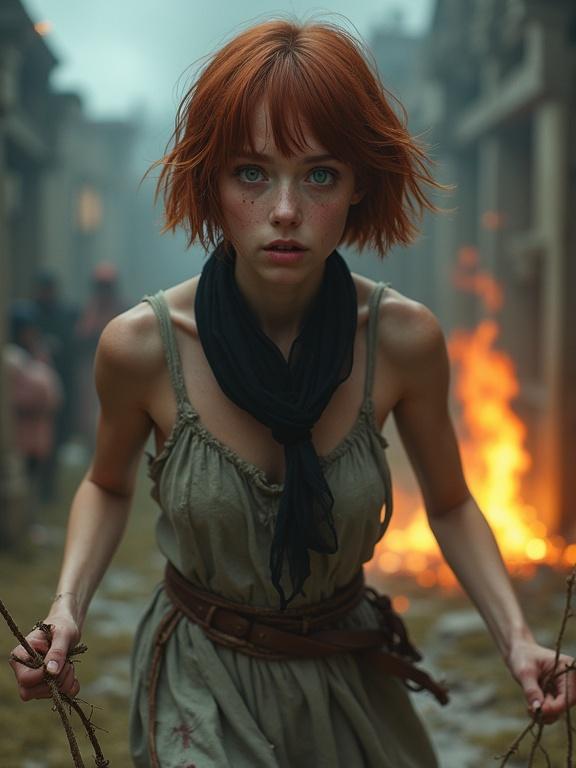 Photorealistic image of a pretty young woman with short auburn hair. Smooth pale skin and freckles. Pale blue eyes and a frightened expression. Raw red corners of her mouth. Wearing a torn dress with ropes trailing from her wrists. A black scarf around her neck. Running from a burning gallows. Magical blue flame from her hands. Zoomed out, full body shot. People panicking in the background.