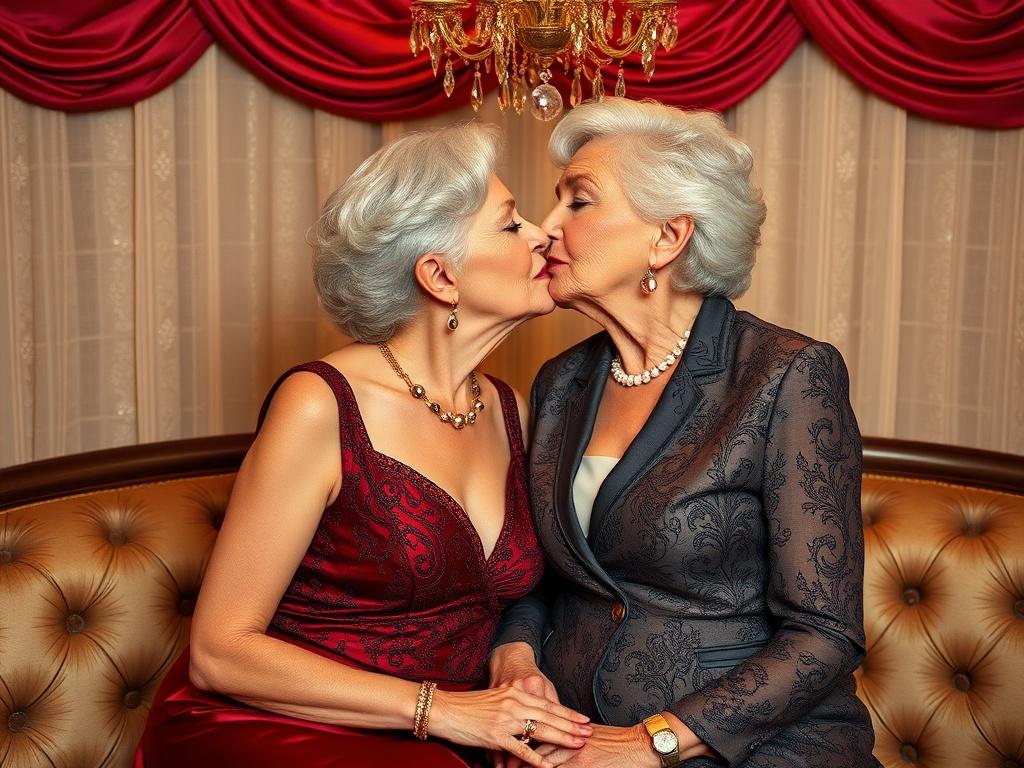 This image captures an intimate and tender moment between two elegantly dressed older women sharing a kiss. They are seated on a luxurious leather couch with a backdrop featuring rich, red velvet drapery and a classical light fixture above. The lighting highlights their gentle expressions, emphasizing love and connection.