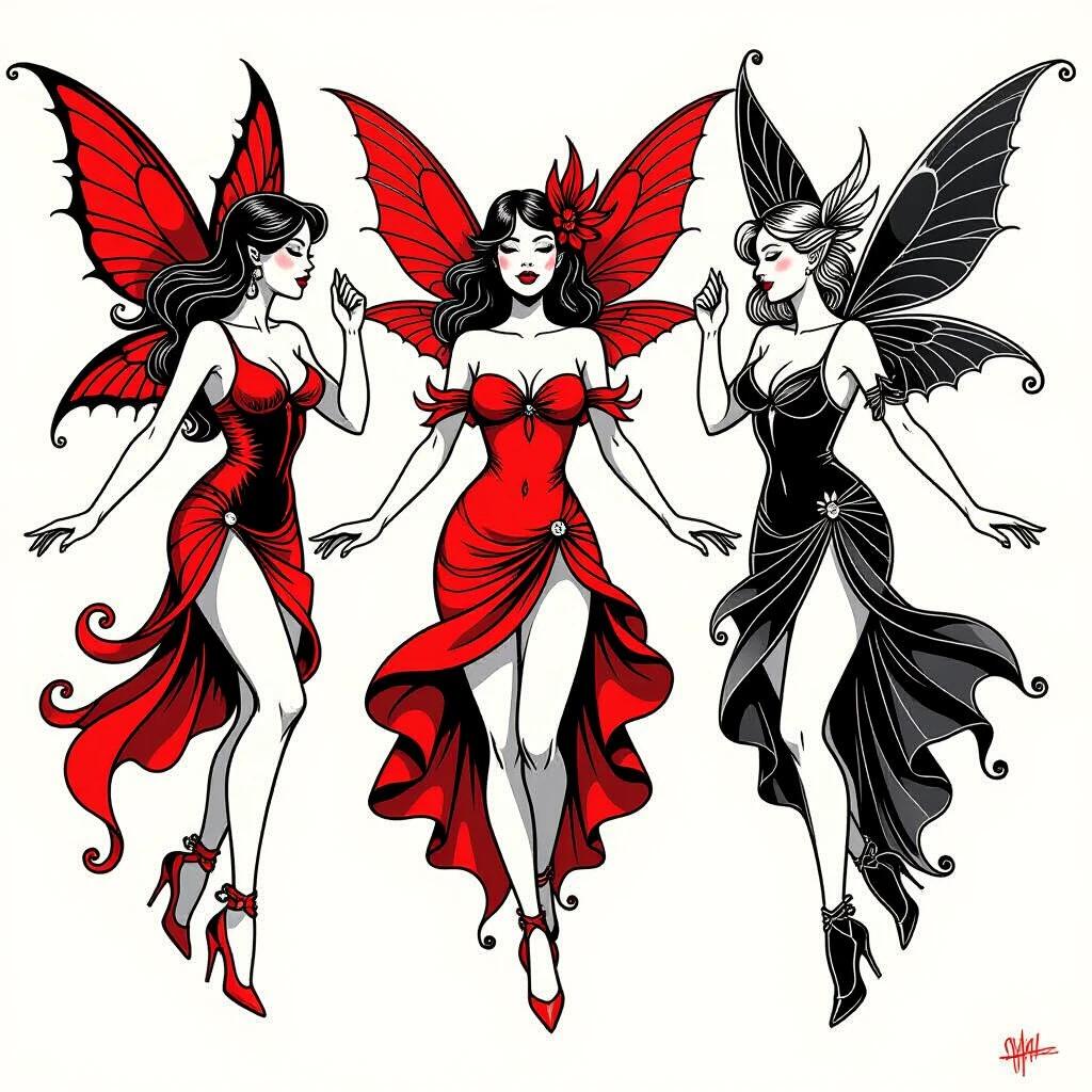 Flash tattoo sheet featuring various exotic fairies dancing. The fairies appear in striking red and black dresses. Each fairy has large wings and bold poses. Artwork designed in a minimalist style using single lines. The aesthetic is influenced by artists like Russ Mills and Victoria Frances.