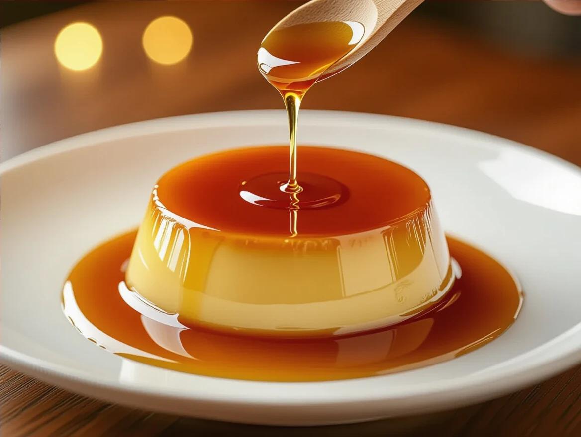 Close-up photograph of flan dessert on a white plate. Golden-brown top layer with caramel sauce being poured. Wooden spoon drizzling caramel. Smooth custard texture. Warm bokeh lighting in background. Shot from elevated angle to capture interaction.