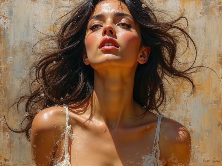 An impressionist painting featuring a woman with flowing hair and soft features. The artwork has multiple layers of textured brushstrokes, highlighting the warmth of her skin and natural beauty. It evokes a sense of freedom and empowerment.