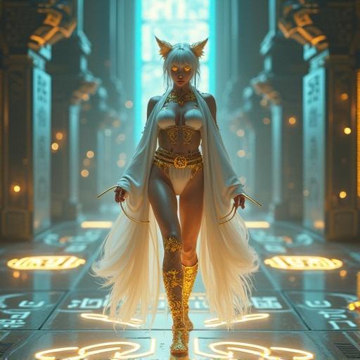 Full-body hyper-realistic image of a divine feline goddess. Elegant woman, white silver hair, golden cat eyes, twin tails. High-tech bodysuit with traditional kimono elements and flowing robes. Golden cat-ear headset with circuitry. Glowing tattoos on arms and legs. Mechanical heels, sacred symbols, data cables like obi. Glowing floor symbols, surrounded by monitors, digital runes. On a futuristic platform, soft ambient lighting, cinematic quality, photorealistic textures.