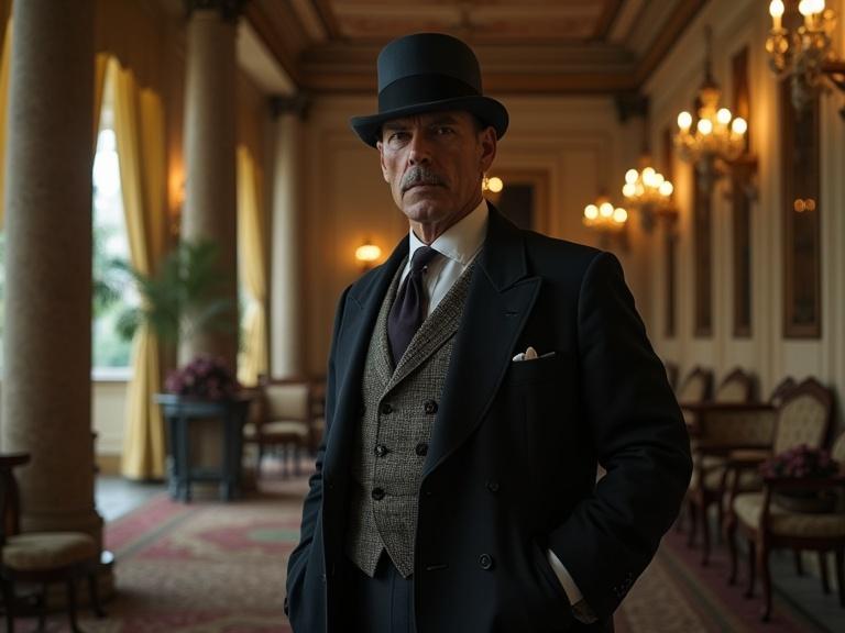 A distinguished gentleman in formal attire stands confidently in an elegant setting. The backdrop features grand architecture and decorative lighting. The scene conveys a sense of mystery and sophistication. The man appears poised and ready for a detective adventure.