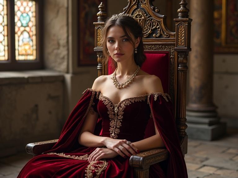 Portrait of a princess in a grand hall. She sits on a decorated throne. The gown is burgundy velvet with gold embroidery. She has a delicate expression and a little smile. An elegant headpiece adorns her hair. The room is illuminated by sunlight through stained glass.