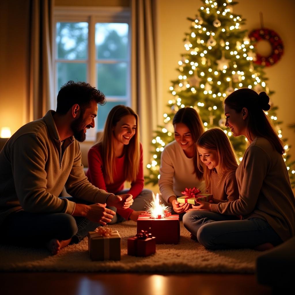 A family is joyfully gathered around a beautifully decorated Christmas tree. They are sitting on a cozy rug, smiling and exchanging gifts in a warm, inviting room. The Christmas tree is illuminated with soft lights, and various gifts are scattered around them. The scene depicts a sense of togetherness and happiness during the holiday season. They are enjoying each other's company, creating cherished memories together.