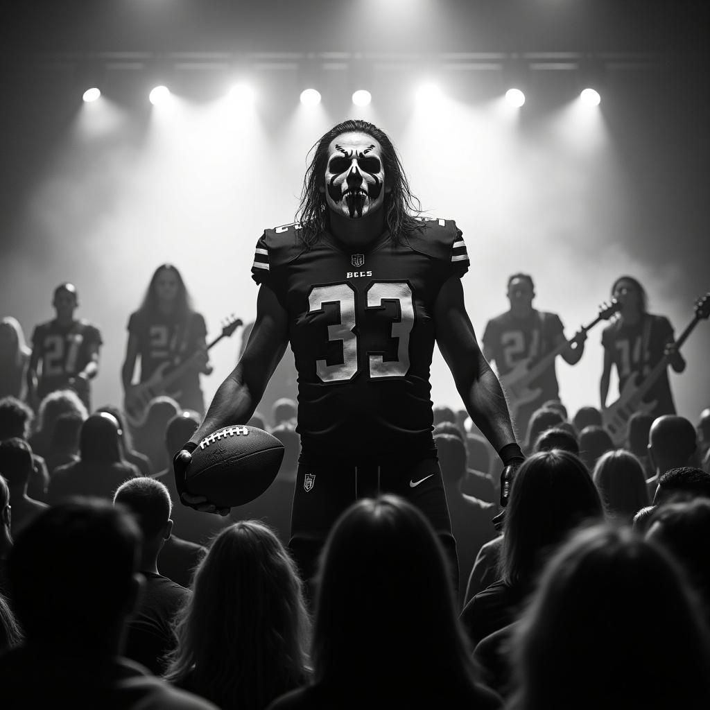 Black and white photo of a football player on stage. Player wears corpse paint. Holding a football. Facing the audience. Stage has dramatic lighting and smoke. Creates eerie atmosphere. Displays unity among band members. Captivated crowd shows connection.