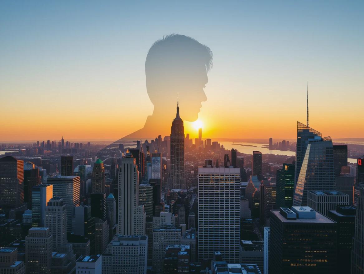Layer multiple scenes including city skyline and silhouette. Capture sunset lighting over the cityscape. Create an artistic overlay of a person's head filled with the urban view.