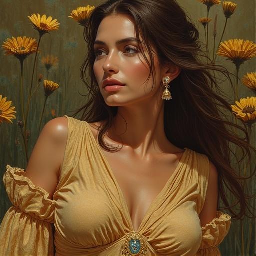Portrait of a woman wearing a yellow dress. Natural floral background. Soft lighting. Elegant and artistic style.