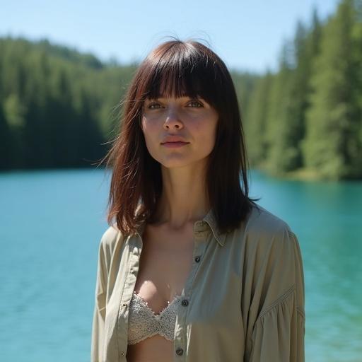Blue lake with green trees in background. Woman with long brown hair and short bangs poses near lake. Daytime with clear skies.