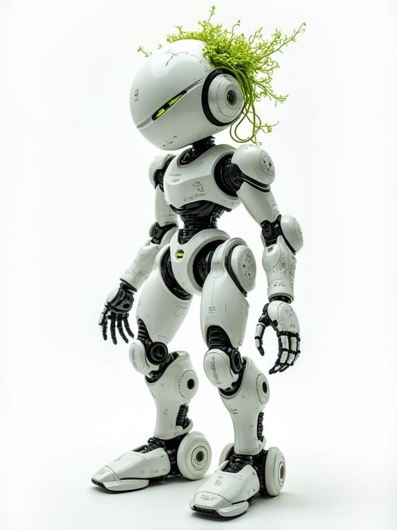 Futuristic robotic figure designed predominantly in white with metallic accents. Spherical head features green plant growth suggesting technology's fusion with nature. Body has intricate details including mechanical joints and panels. Plain white background enhances the robot's design.