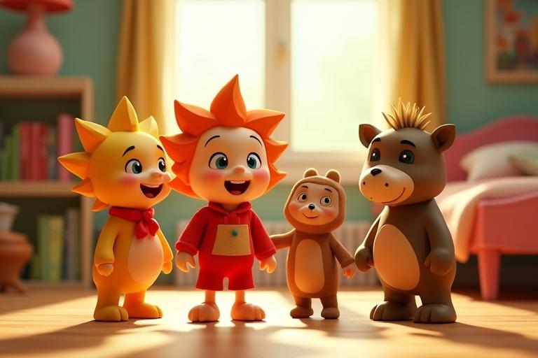 A joyful 3D animated scene with colorful toys. Four toys stand on two legs in a circle. They wear human-like clothes and display happy expressions. The setting is a child's bedroom with vibrant daylight colors, focusing on yellows, reds, and greens.