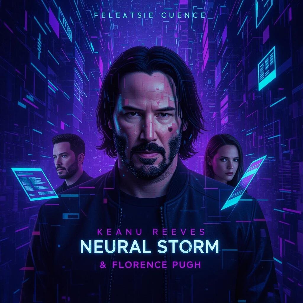 A sci-fi film poster featuring Keanu Reeves and Florence Pugh. Theme of hackers inside a collapsing digital consciousness. Reeves is surrounded by glitching architecture while Pugh wields a data-blade. Lighting is dark violet with neon flicker creating a high-tech atmosphere. Tone merges sci-fi noir and action.