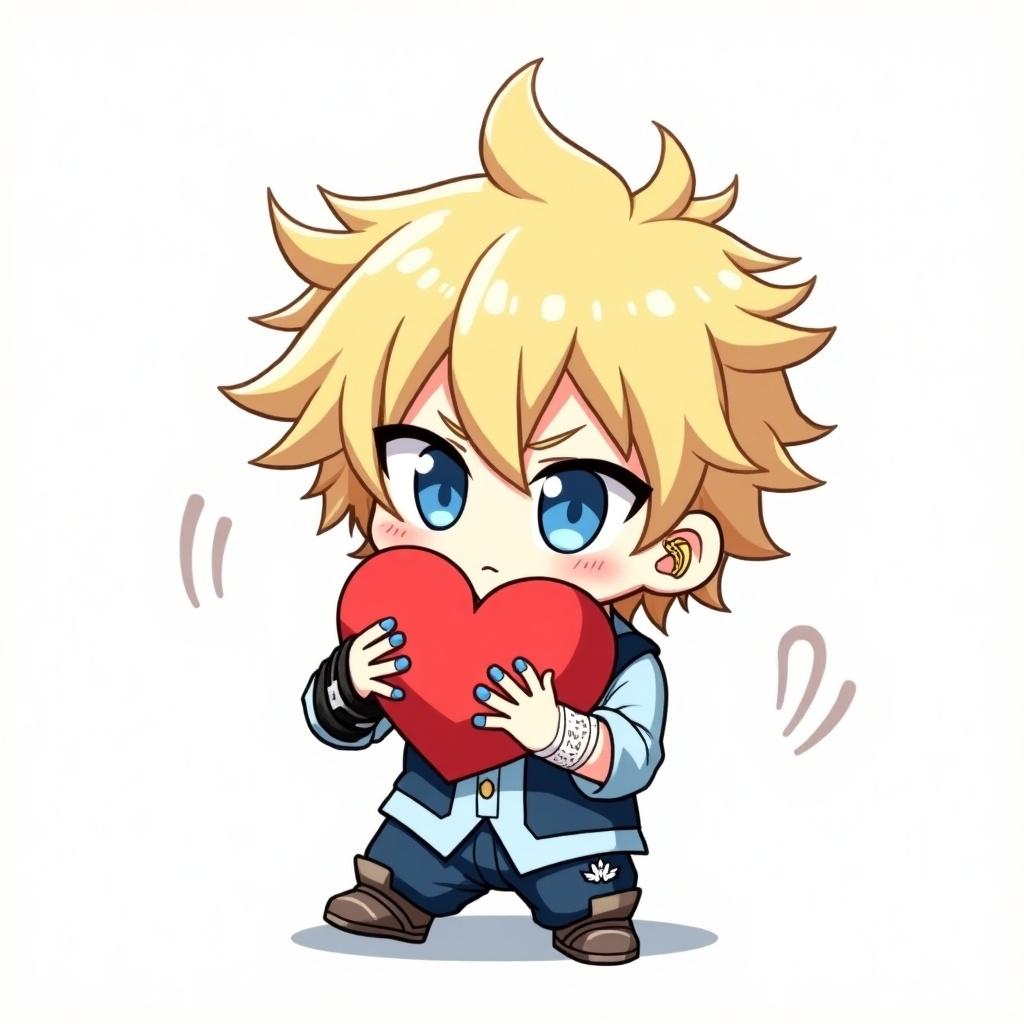 Chibi character hugs a red heart symbol with blonde messy hair. Bright blue eyes and blue painted nails. Character wears a light blue shirt and blue vest with a winged boot pin. Bandage on left bicep and black band on right wrist. The character has a gold ring earring on his left ear. The pose expresses affection and charm.