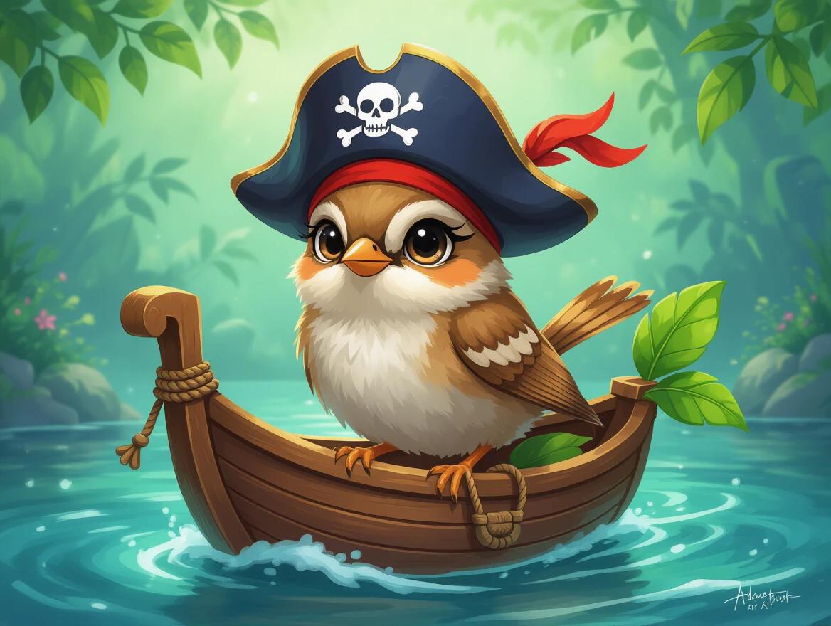 Anthropomorphic sparrow with a pirate hat sailing in a leaf boat. Background features a magical forest setting. Sparkling water and vibrant greenery. Portrays joy and adventure.