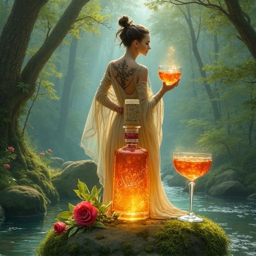 Woodland goddess stands in hidden grove. Flowing transparent robe. Holds cocktail glass of shimmering elixir. Apothecary bottle of ALFRUNO on mossy stone. Bottle radiates golden-reddish glow. Cork lid on top with hang tag displaying name. Identical cocktail glass flanks the bottle. Accent roses and rosemary sprig. Scene has soft light with lush foliage and clear stream. Artwork resembles Alphonse Mucha and WLOP style. Color palette of soft greens blues and golds evokes tranquility and magic.