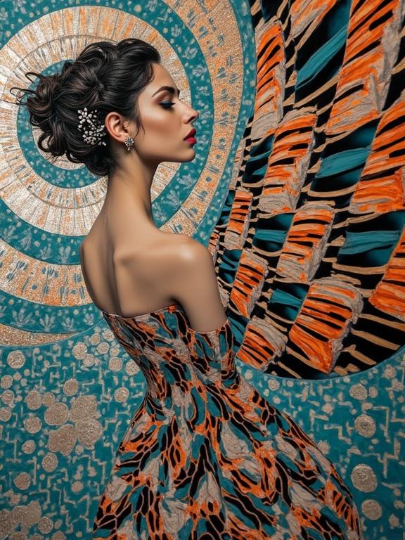 Surreal morphic portrait of an ethereal woman posing in a colorful kaleidoscopic dress. Surrounded by intricate geometric patterns and optical illusions in styles of Escher, Bridget Riley, and Sonia Delaunay. Features a mix of black, white, silver, orange, and turquoise blue colors with abstract shapes.