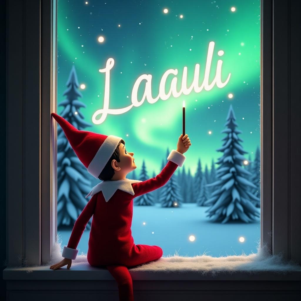 Elf on the shelf sits on window ledge. Uses wand to create word Laauli. Looks at northern lights. Scene has snow-covered pine trees. Dressed in vibrant red outfit. Conveys festive holiday feel.