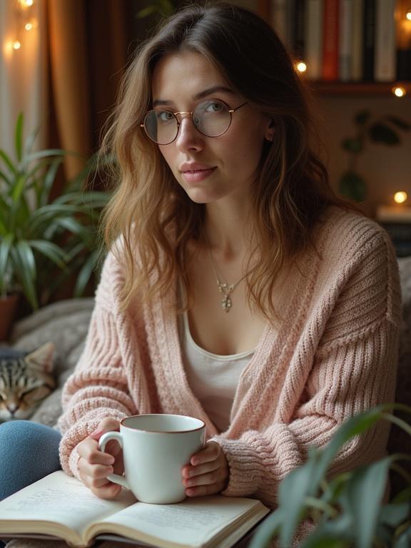 Realistic portrait of a young woman with shoulder-length wavy light brown hair wearing round glasses. She holds a mug and has a notebook in her lap. Background includes plants, soft fairy lights, and a bookshelf. Her expression is kind and observant. Lighting is warm and inviting, creating a cozy vibe.