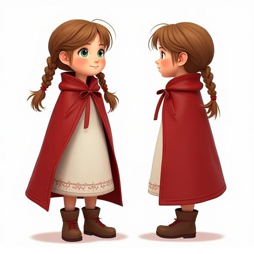 Photo of a girl named Gerda. She has a round face and rosy cheeks. Large expressive green eyes. Light brown hair in braided pigtails with red ribbons. Fair skin with warm glow. Wearing a thick red cloak and simple white dress. Brown leather boots. Smiling. Multi-angle reference sheet with two views: close-up face and full body front view. Consistent lighting and high resolution details.