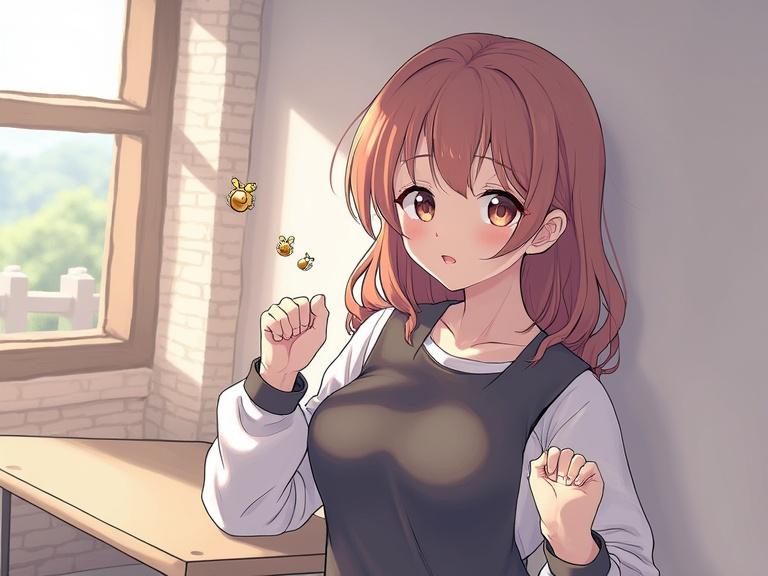 Illustration of a girl with shoulder-length brown hair standing by a window in a warm sunny room with soft light. She looks surprised and has a gentle expression. Character has a casual outfit. Small flying creatures are nearby.