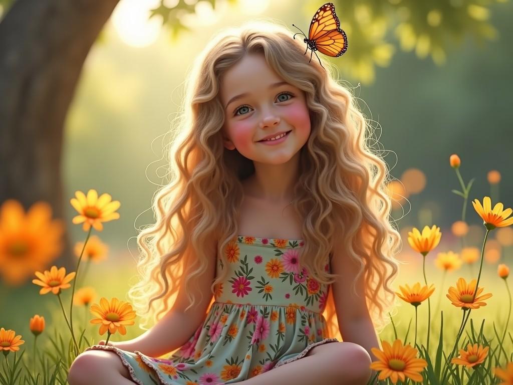 A sweet tween girl is sitting in a meadow surrounded by vibrant wildflowers. She has long, curly blonde hair and is wearing a colorful floral dress. A butterfly is perched delicately on her head, adding a whimsical touch. The warm sunlight filters through the trees, illuminating her joyful face. The scene conveys a sense of innocence and happiness, perfect for evoking positive emotions in viewers.