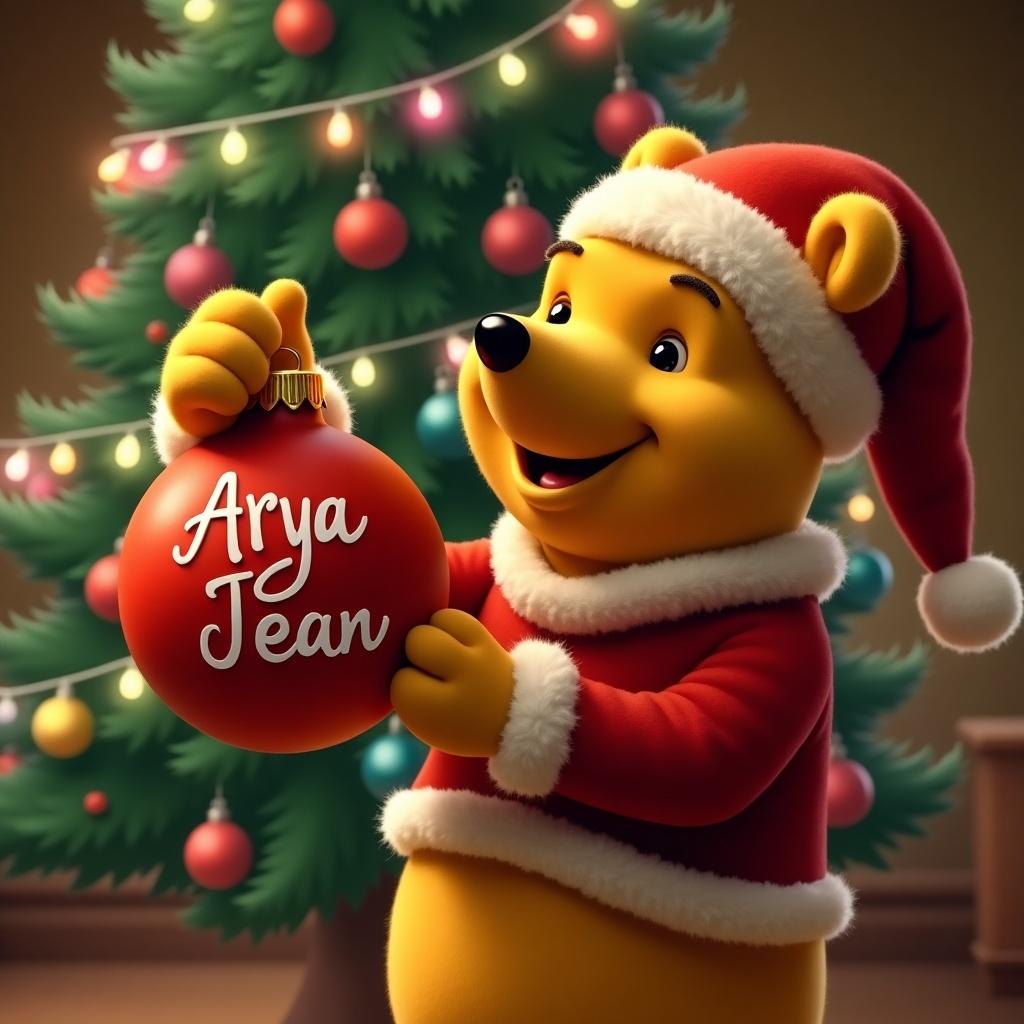 Winnie the Pooh in a Santa outfit holds a red ornament with the name Arya Jean. The background features a decorated Christmas tree. Warm and festive atmosphere.