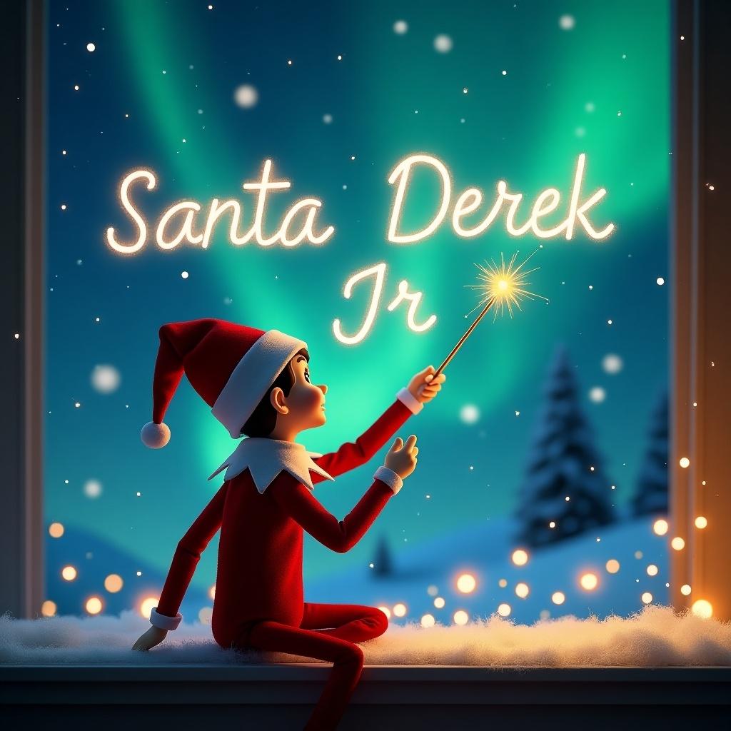 In a whimsical Christmas scene, an elf is turned away from the viewer, gazing up at a magical sky. The elf, dressed in traditional red and white, holds a wand and uses it to spell out 'Santa Derek Jr' in bright, shimmering light. The background features enchanting northern lights illuminating the wintry landscape. Snow softly covers the windowsill, adding to the cozy winter atmosphere. The elf's posture and focus create a sense of wonder and excitement for the holiday season.