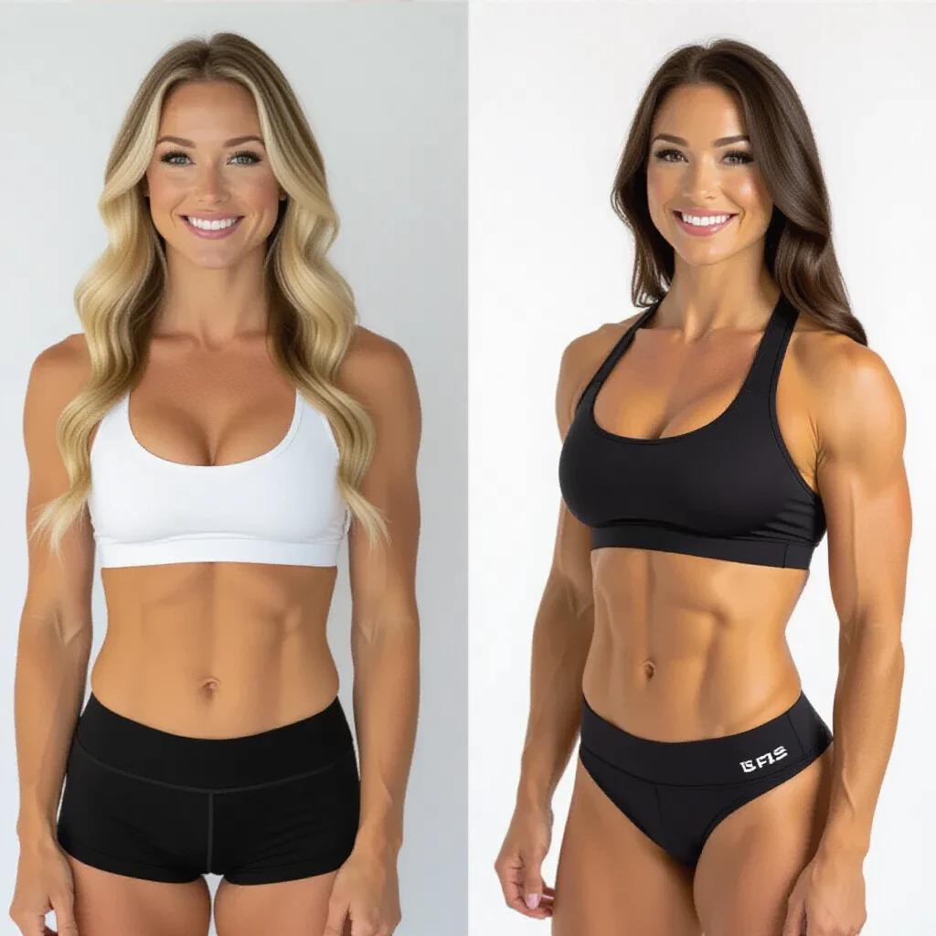 Two fitness models standing side by side. One has long blonde hair and is wearing a white sports bra with black shorts. The other has long dark hair and is wearing a black sports bra with black shorts. Both models have toned physiques and are presented against a light background.