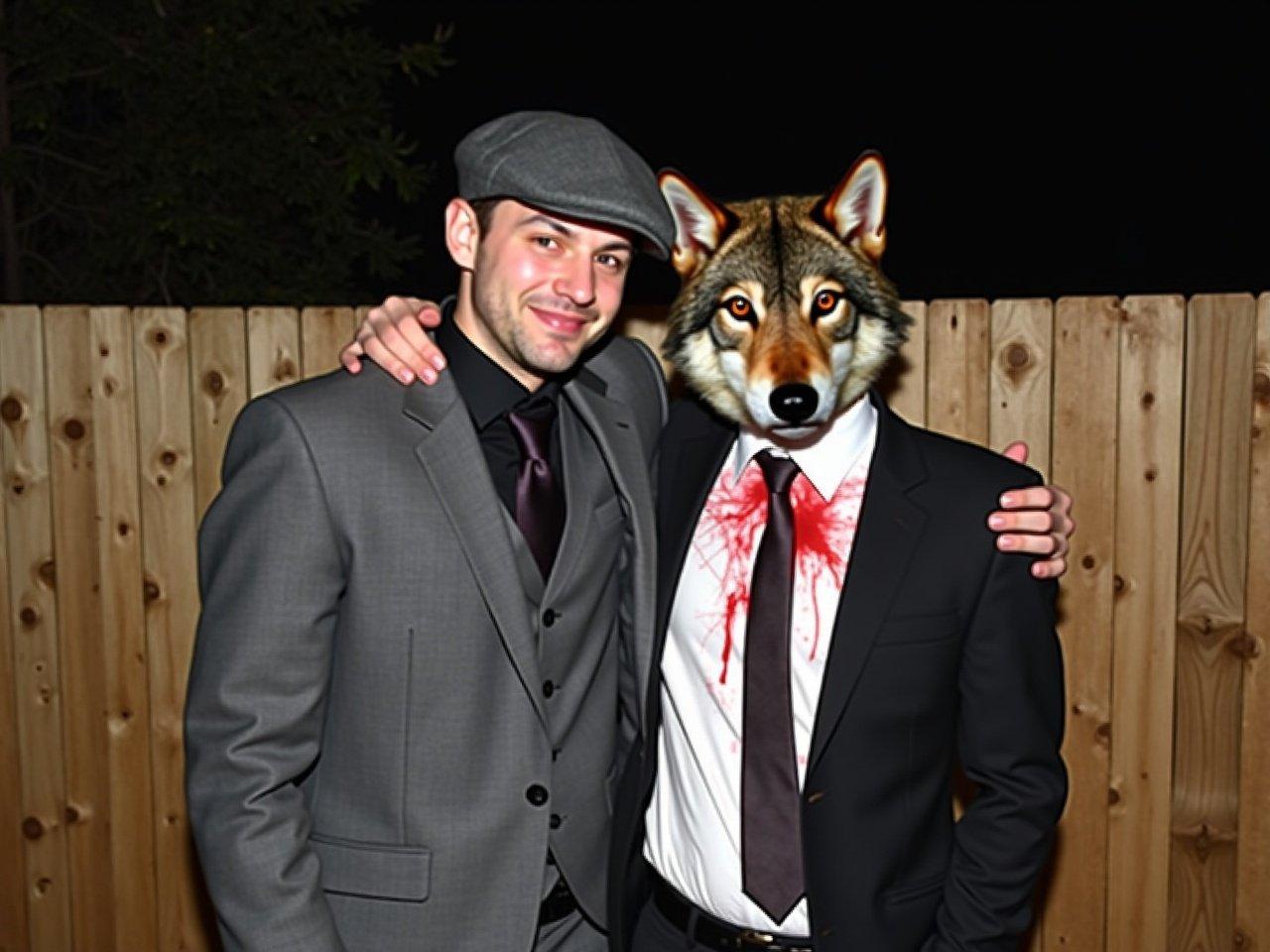 Two individuals are standing close together outdoors at night, with a wooden fence in the background. One person is wearing a dark gray suit and a flat cap, while the other is dressed in a black suit with a white shirt that has red stains, resembling blood. They are posing playfully with their arms around each other. The setting appears casual and celebratory, likely at a party or gathering. To add a whimsical touch, their faces have been replaced with wolf heads, giving the image a fantastical element.