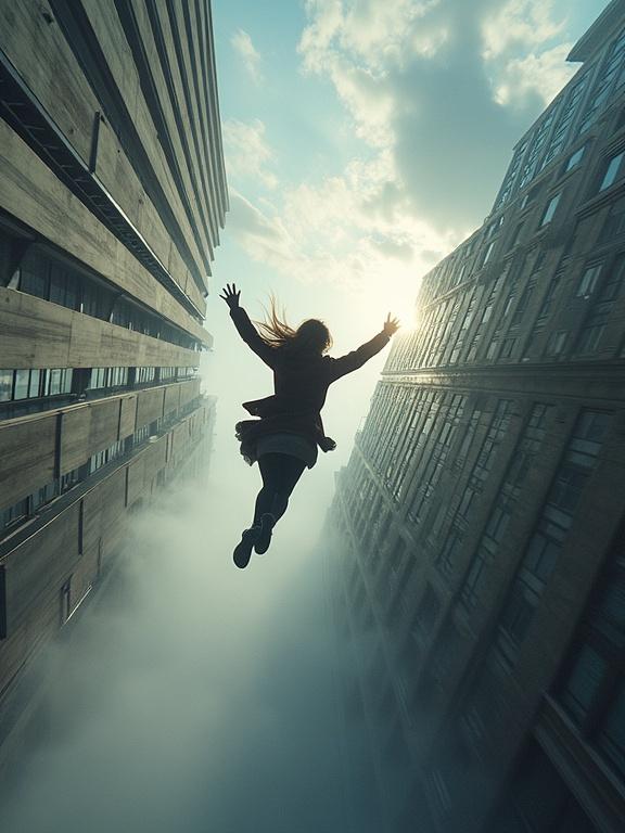 A woman leaps in mid-air between tall buildings. View from above shows a dynamic, fluid motion. The scene captures a sense of freedom and adventure in an urban setting.