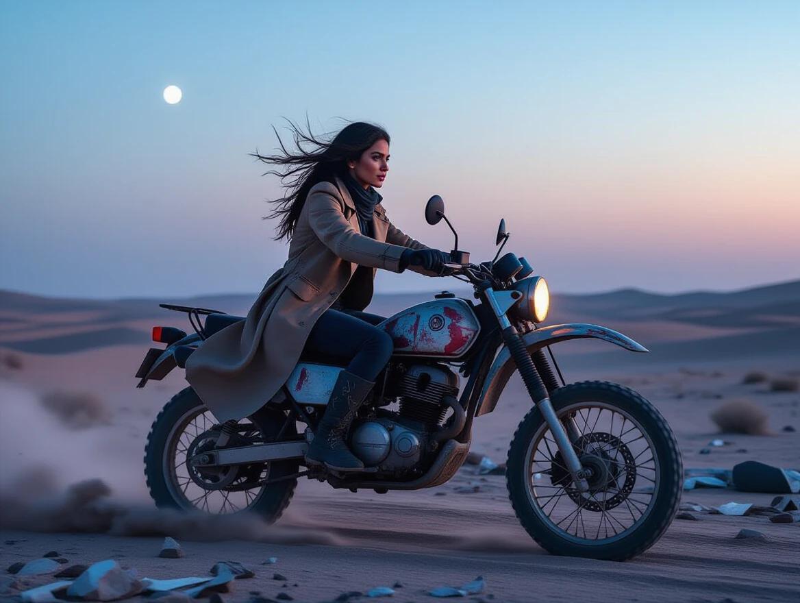 Stunning Arabic woman rides a rugged motorbike across a semi-desertic landscape. Tattered trench coat flutters in the wind. Scene is enveloped by twilight and pale moonlight. Sky features deep neon blue and drifting purple particles. Silhouette represents resilience against glowing dunes and metallic debris.