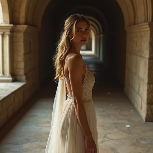 A graceful and elegant woman stands in a stone hall. She wears a refined sheer medieval-style dress. The dress outlines her silhouette. Beauty is conveyed through poise and dignity. The stone hall is softly lit. A noble atmosphere is created. The scene is ultra-realistic and captured in high resolution.