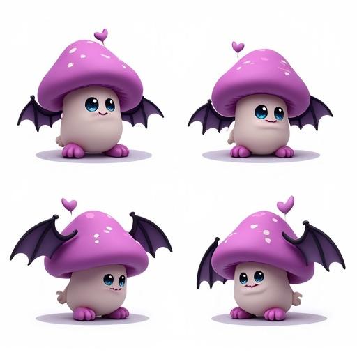 Four variations of a friendly mushroom monster. Mushroom cap is purple with white spots. Monster has bat wings. Two legs are short and rounded. Each pose is displayed from a 45-degree angle. Background is plain white. Style is 2D and uses cel shading. Colors are flat and bright.