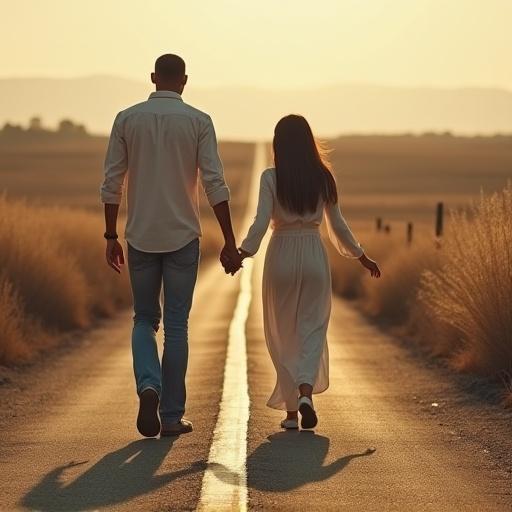 Couple walking hand in hand along a long road during sunset. The scene captures warmth and closeness between individuals. The background features a sunset sky and vast fields. The couple's silhouette highlights their bond against the scenic landscape.
