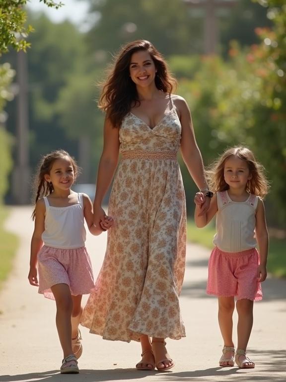 A mother walks with her two daughters on a sunny day. The setting is a path lined with greenery. The mother wears a patterned dress, and the children are in matching outfits. They are smiling and holding hands while walking.