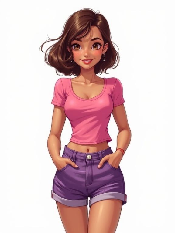 A teenage girl stands confidently with her hands in her pockets. She wears a fitted pink top and purple shorts. The background is plain white. The character has brown bob hair and freckles adorning her cheeks. Brown eyes add warmth to her expression. The artwork reflects a high-quality pinup style with no distractions.