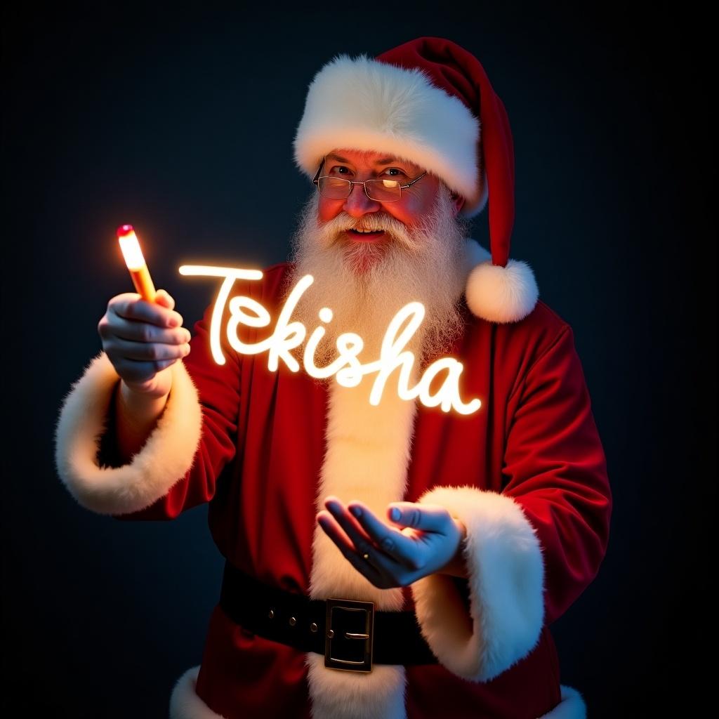 Image shows Santa Claus in traditional red and white suit. Santa holds a glow stick that displays the name 'Tekisha' in bright light. Santa has a jolly expression. Dark background enhances the glow of the text. Image illustrates the magic and joy of Christmas.