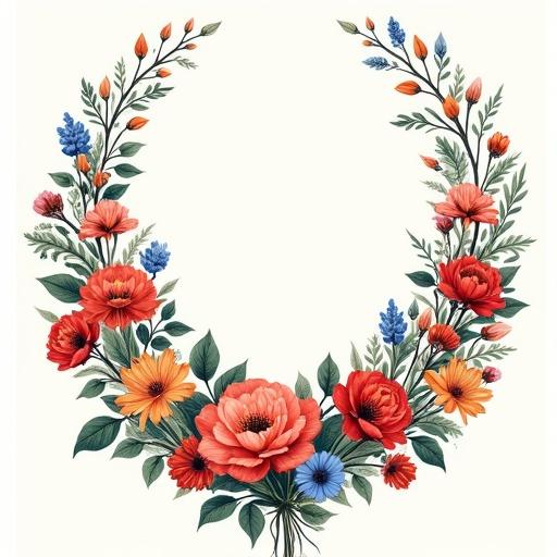 Symmetrical floral tattoo design with two curvy lines originating from the hips and descending to the lower abdomen. The design is composed of tightly arranged distinct flowers in various vibrant colors like red, orange, and blue. Minimal light green foliage. Dense composition without empty spaces or excessive overlaps. Ornamental or illustrative style with strong visual impact.